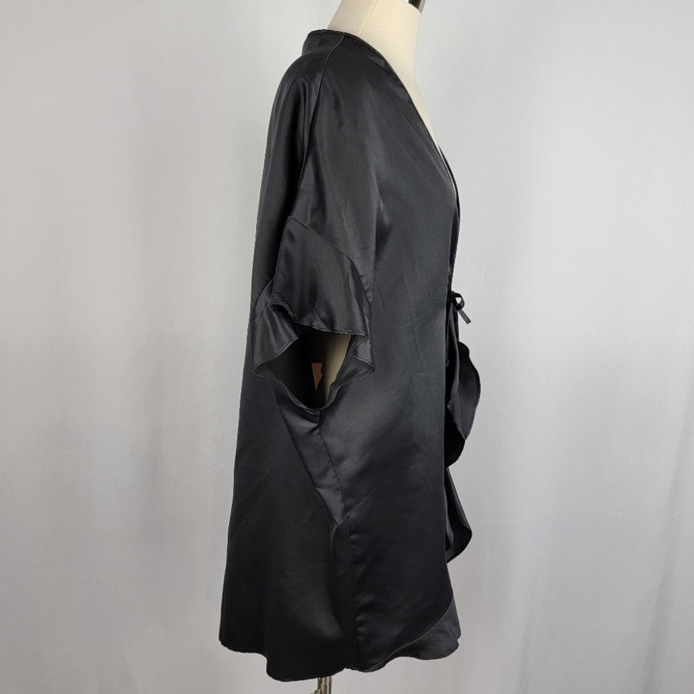 Victorias Secret Kimono Robe Womens One Size Black Satin Ruffle Tie Front Cover - Picture 7 of 15